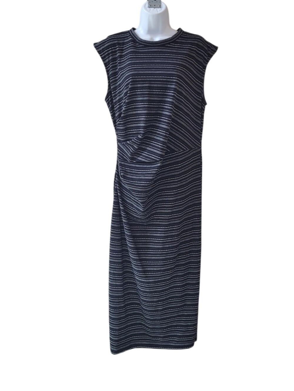 LOFT Black White Striped Ruched Muscle Tee Midi Dress Size 14